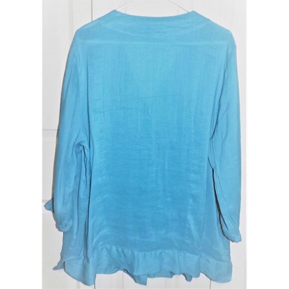 Deane & White Woman 1X blue 3/4 sleeve collarless V-neck gauzy tunic - Picture 3 of 4